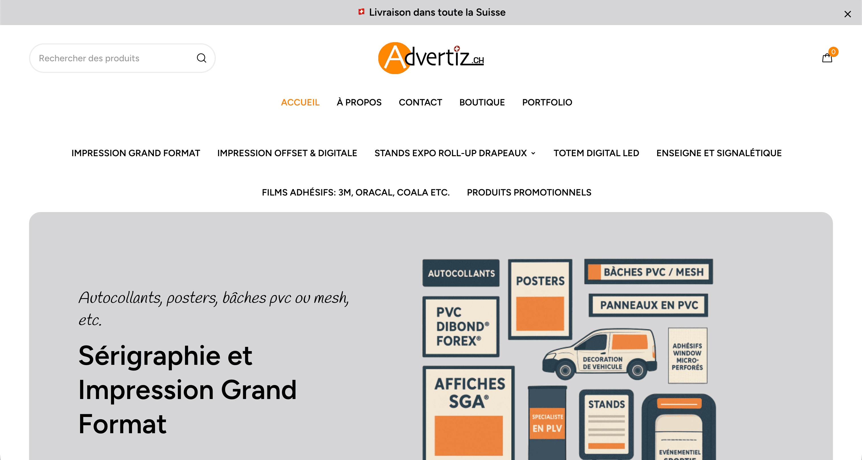 Capture d'écran du projet Advertiz.ch — E-commerce sur mesure pour imprimerie genevoise