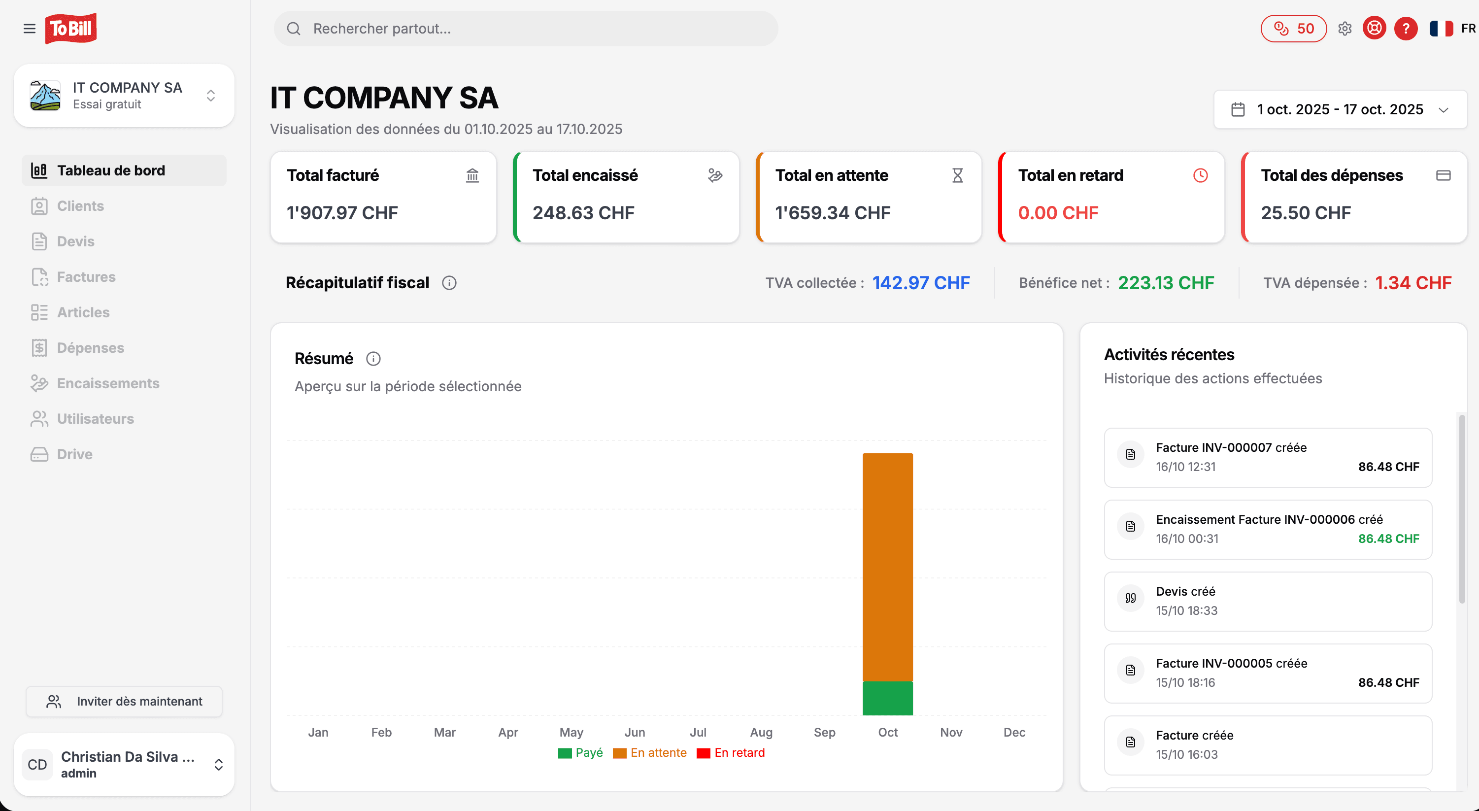 Capture d'écran du projet ToBill.ch — Plateforme SaaS de facturation pour PME suisses
