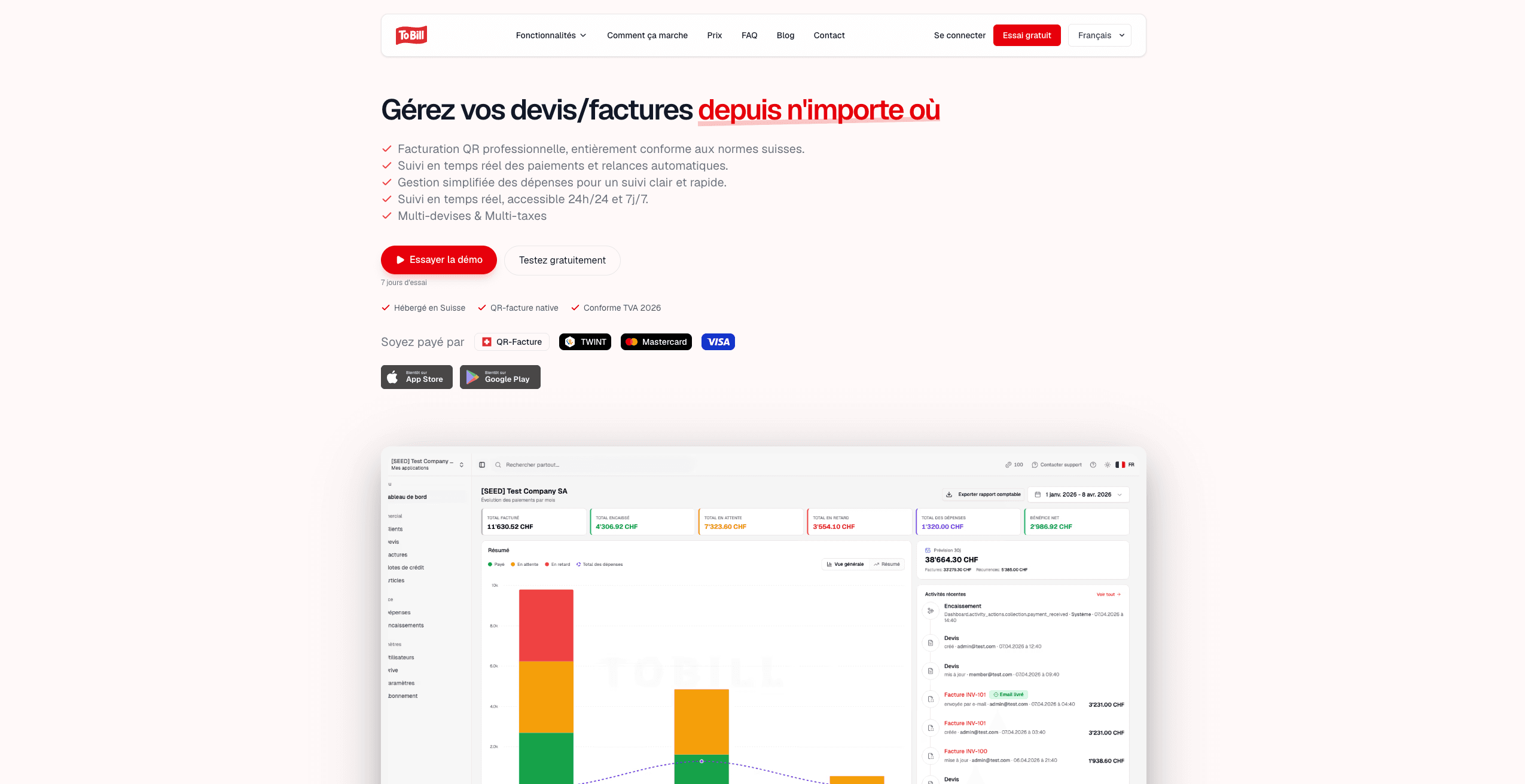 Capture d'écran du projet To Bill — Site web de présentation de la plateforme de facturation
